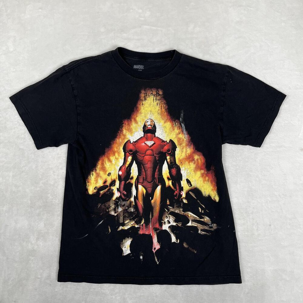 Vintage Marvel Iron Man T-Shirt Size Large Black Flames Superhero Retro Y2K